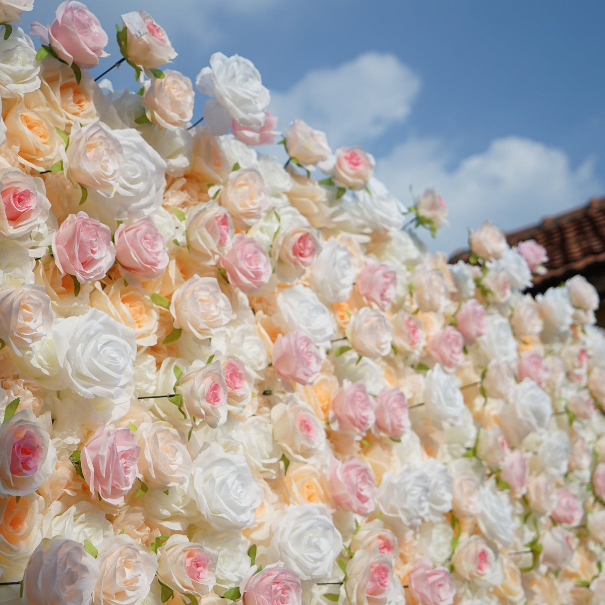 Artificial Floral Backdrop with Mixed Peach Pink and White Roses - Perfect for Garden Weddings and Outdoor Events and Photography - VF - 823