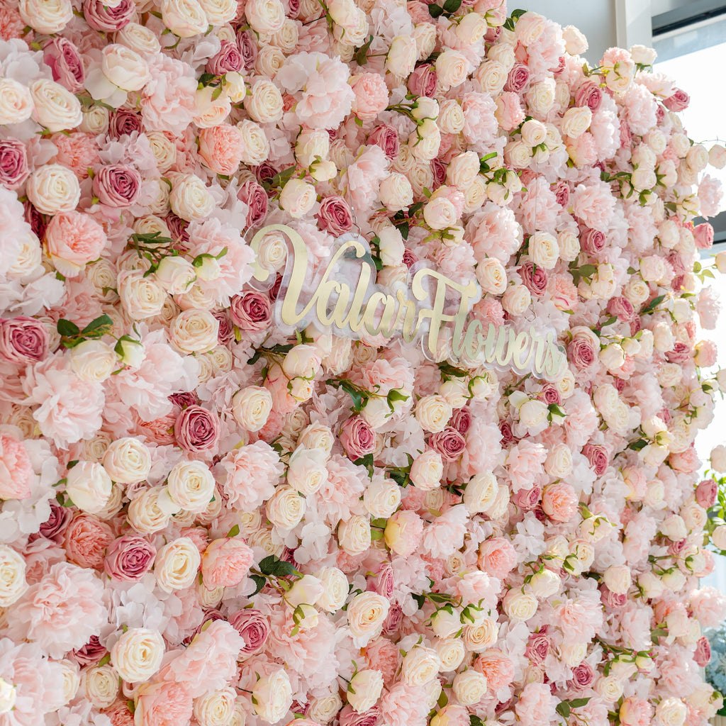 Roll Up Fabric Artificial Variety Of Pink And Cream Floral Bridal Shower Backdrop - Captivating Flowers Photography Arranged Party Event Decor-VF-503