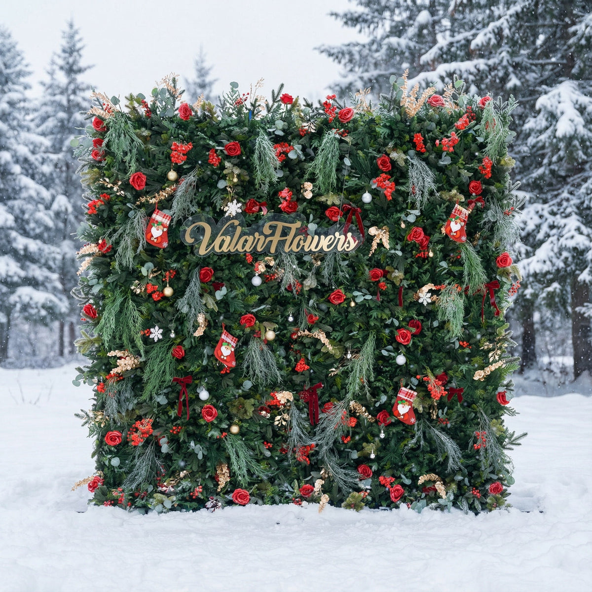 ValarFlowers Christmas Themed Floral Wall Backdrop: Festive Evergreen & Red Rose Masterpiece for Holiday Events & Decor-VF-491-2
